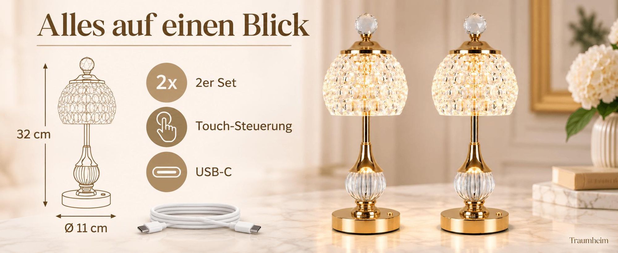 2er Set LED Tischlampen, 3 Lichtfarben 2000-6000K, Touch Tischleuchte, Stufenlos dimmbar, Kristall Nachttischlampe, USB-C Akku 2000mAh, ca. 5-8h
