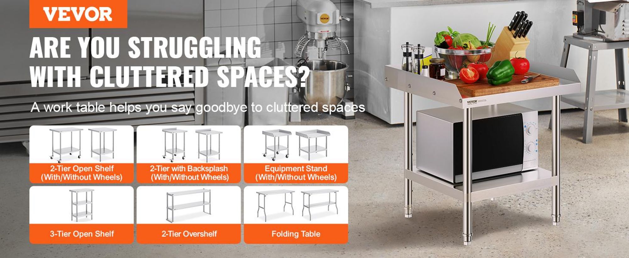 VEVOR Edelstahl Vorbereitungs Tisch, 24 x 24 x 34 Zoll, Schwerlast Metall Arbeitstisch mit 3 verstellbaren Höhenstufen, Gewerbliche Arbeitsstation für Küche Garage Restaurant Garten, 610x610x660 mm