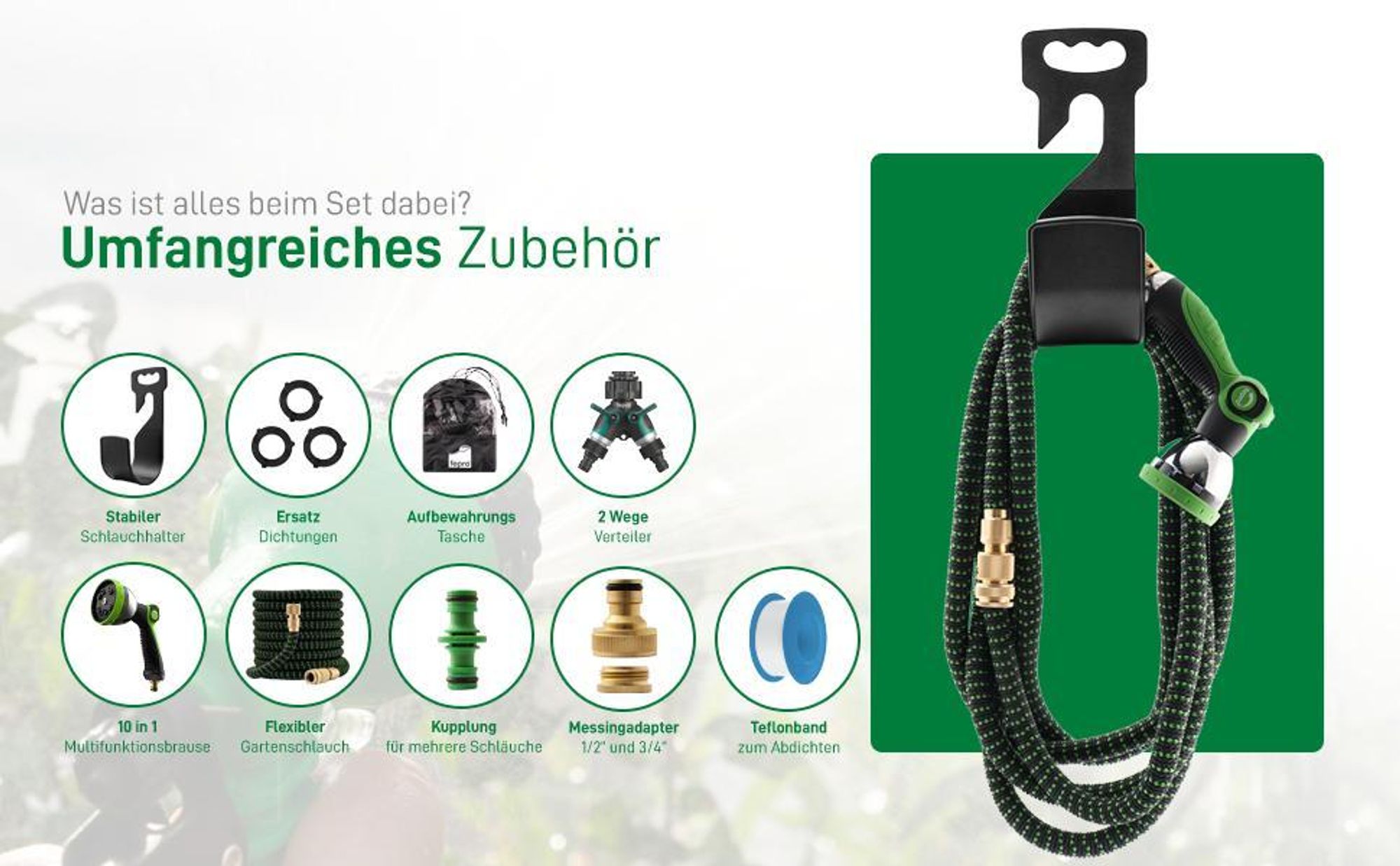 Fepro® Flexibler Gartenschlauch mit 10 Funktion 15m Premium, Wasserschlauch flexibel mit 3-Fach Latexkern inkl. Vollmessing Adapter für 1/2' 3/4' Zoll, Tasche, 2-Wege Ventil und Wandhalterung