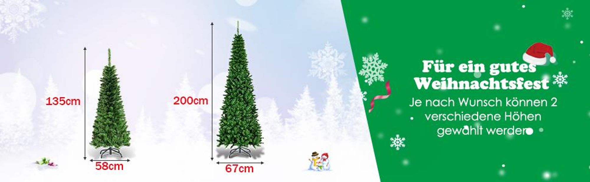 COSTWAY 200cm Bleistift Weihnachtsbaum mit warmweißen LED-Leuchten, künstlicher Tannenbaum mit Klappsystem und Metallständer, Christbaum PVC Nadeln, Kunstbaum Weihnachten Grün