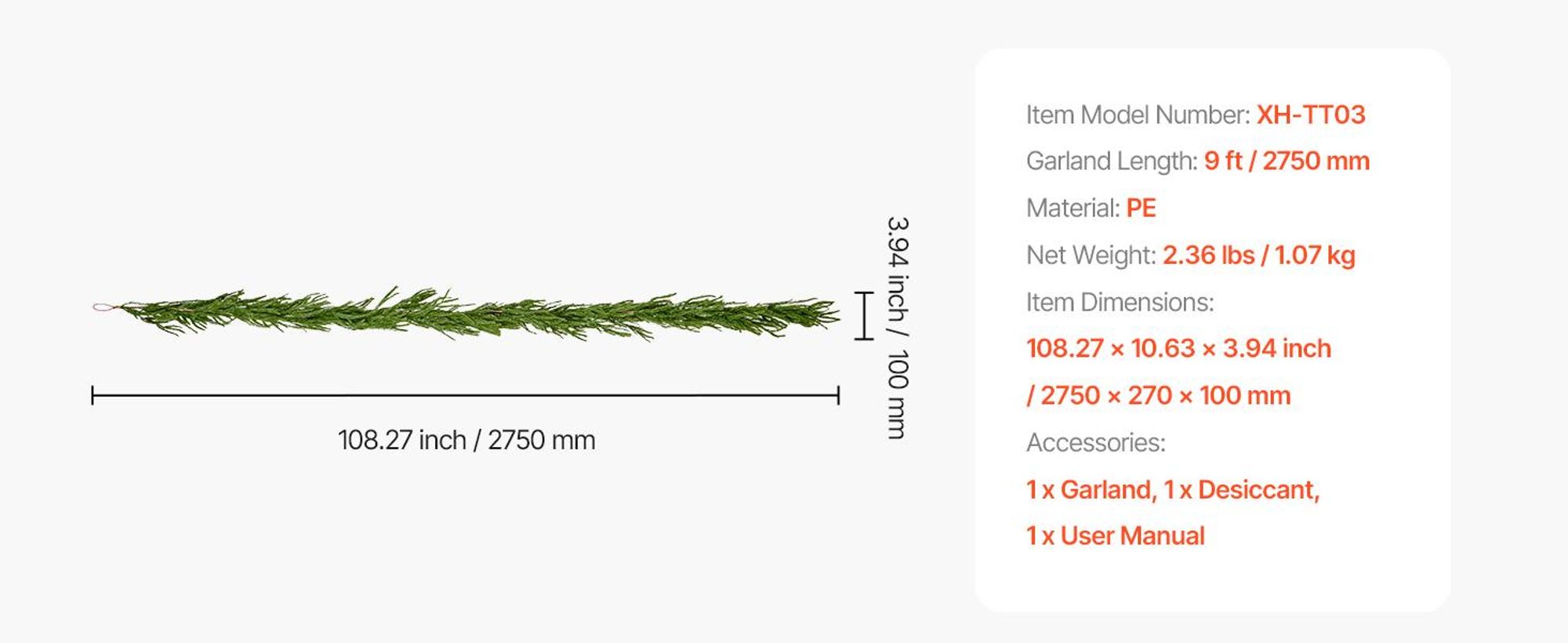 VEVOR Weihnachtsgirlande, 2750mm künstliche Weihnachtsgirlande mit Lichterkette, künstliche Grünpflanzen-Dekoration mit Beerensträußen, Kiefernnadeln, Tannenzapfen, realistische Weihnachtskollektion für Kaminsims, Norfolk-Kiefer-a, 9 ft