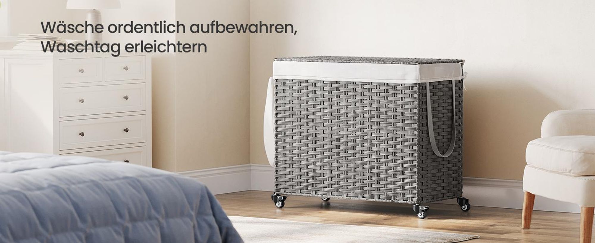 SONGMICS Wäschekorb, 160 L, mit Deckel, 3 Fächer, Wäschesack herausnehmbar