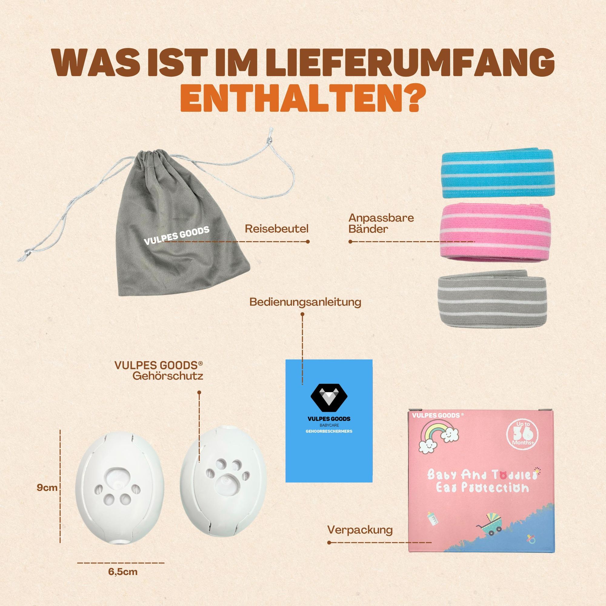 Vulpes Goods Gehörschutz für Kinder, Kapselgehörschutz, Lärmschutz Kopfhörer, Für Babys & Kleinkinder bis 36 Monate, Mit 3 Kopfbanden & Tasche