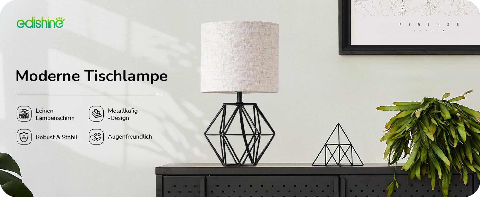 EDISHINE Nachttischlampe, Moderne Tischlampe, Vintage Tischleuchte, Beige Schwarz