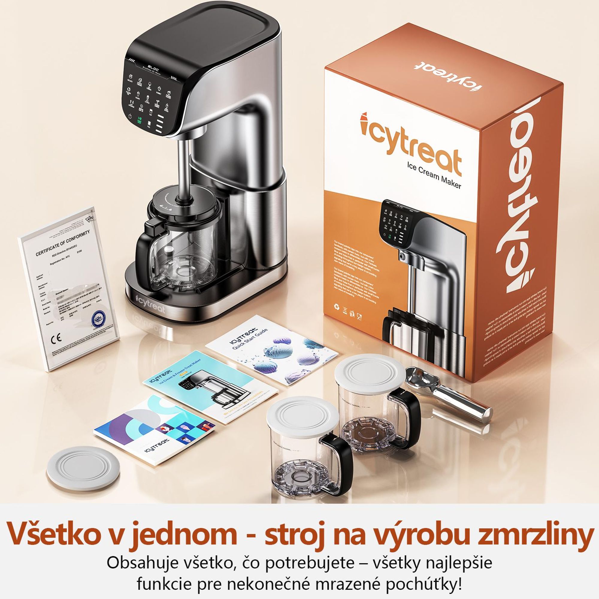 Výrobník zmrzliny IcyTreat IC-1010 EU – CE – Plne automatický, kryt z nehrdzavejúcej ocele – Vybavený 3 nádobami a 12 programami – Strieb