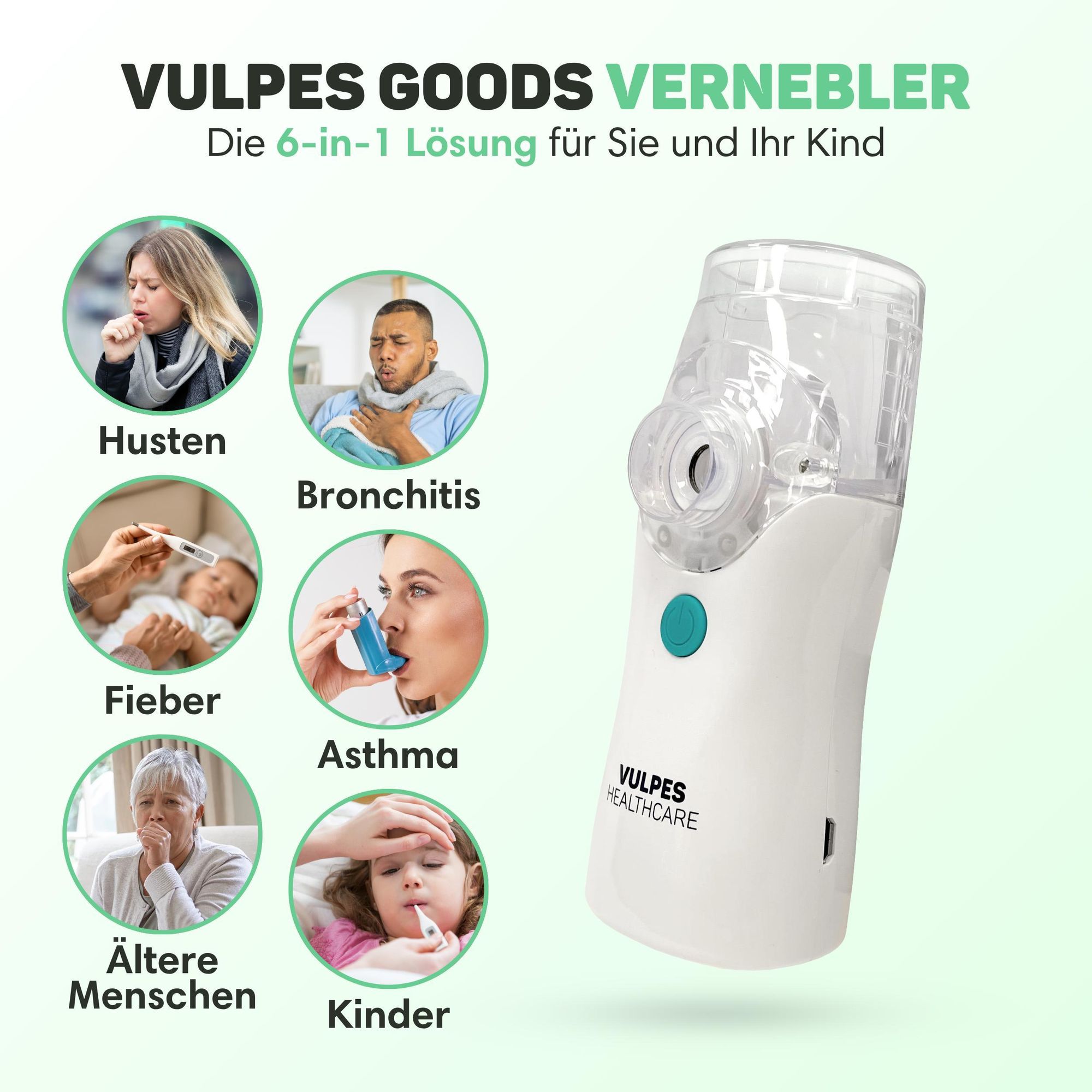 Vulpes Goods Tragbarer Inhalator-Vernebler, wiederaufladbarer leiser Vernebler, tragbare Mini-Inhalatoren, tragbarer Luftbefeuchter für Atemprobleme bei Kindern und Erwachsenen, Inkl. 3 Mundstücke und Reisetasche