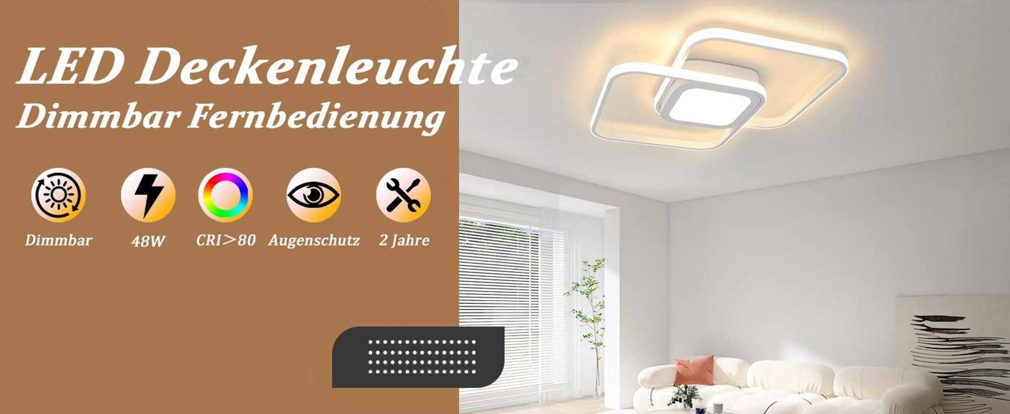 ZMH LED Deckenleuchte Weiß Dimmbar Metall mit Fernbedienung für Wohnzimmer Kinderzimmer Küche Flur 48W CRI>80, Augenschutz, Kein Flimmern Eckig