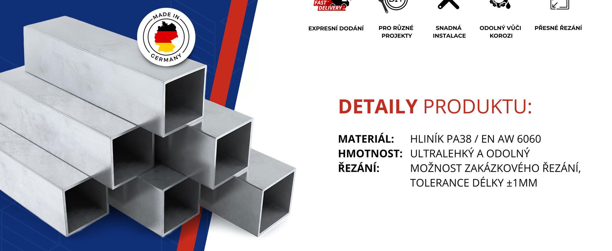 Hliníkový profil 15x15x1mm 100 cm Čtvercová trubka + řez na míru