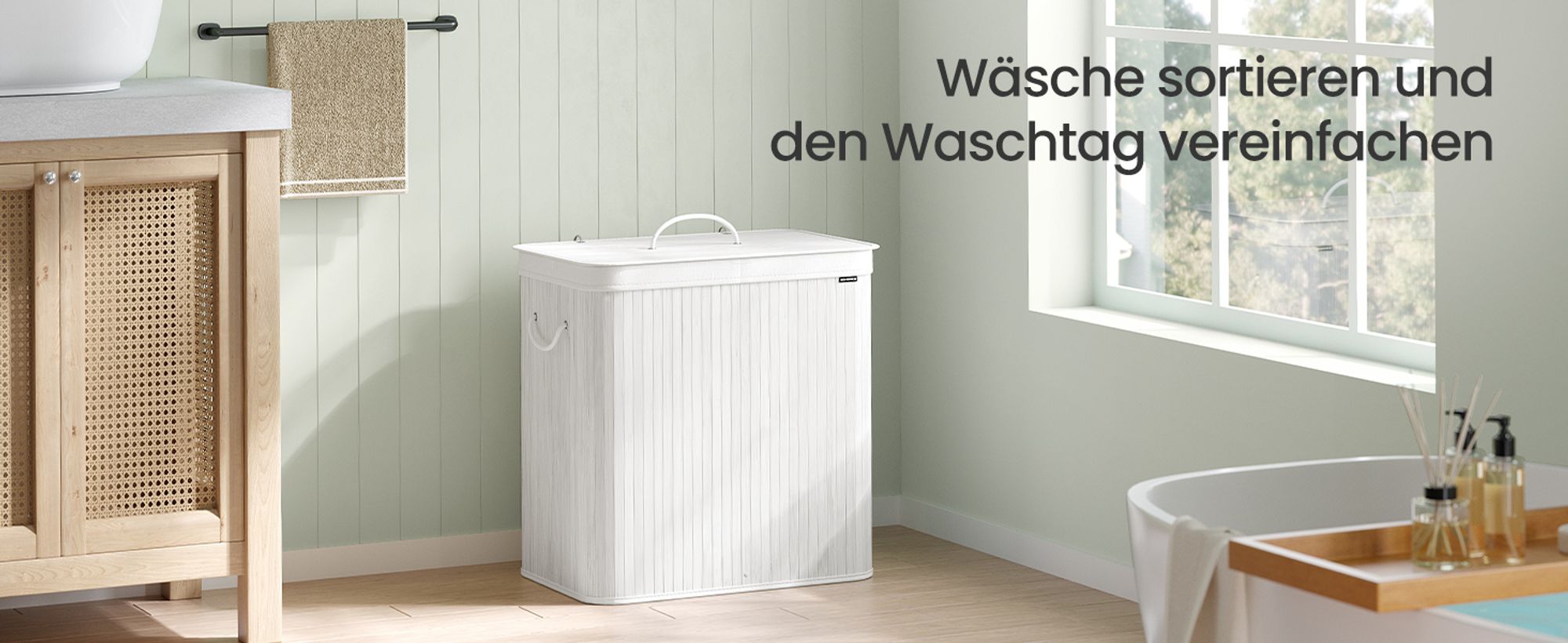 SONGMICS Wäschekorb mit Deckel, 2 Fächer, 120 Liter, Wäschesammler aus Bambus, faltbar