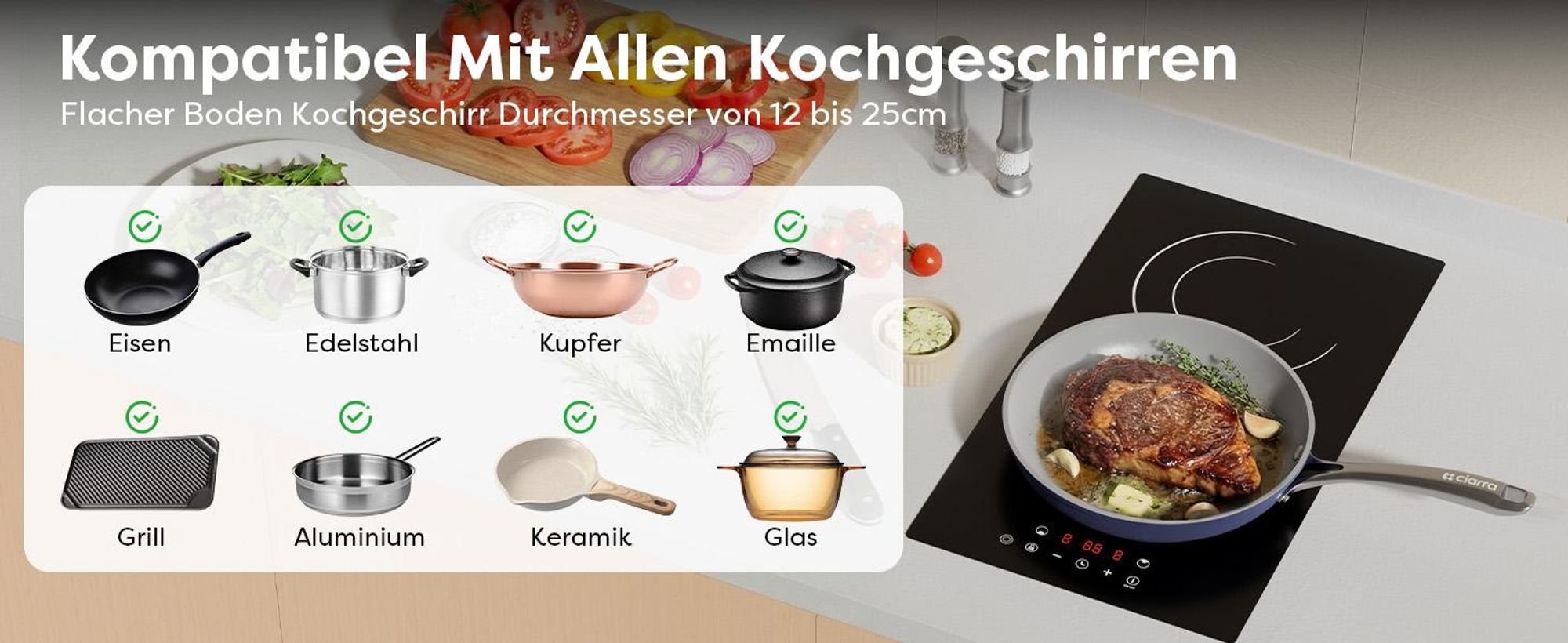 CDV Elektro-Kochfeld 30 cm Glaskeramikkochfeld 2-Zonen 9 Stufen Touch Control 3200 W CDVER322