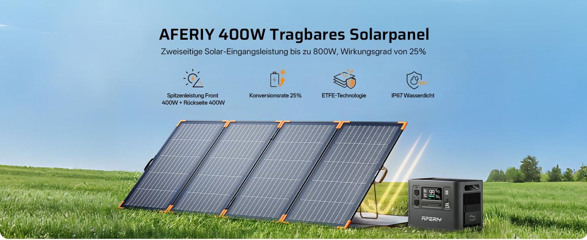 AFERIY SA400 Faltbares Solarpanel 400W, ETFE Solarmodul mit bifazialer N-Typ-Technologie, IP67, MC4, für Powerstation, Camping und Wohnmobil