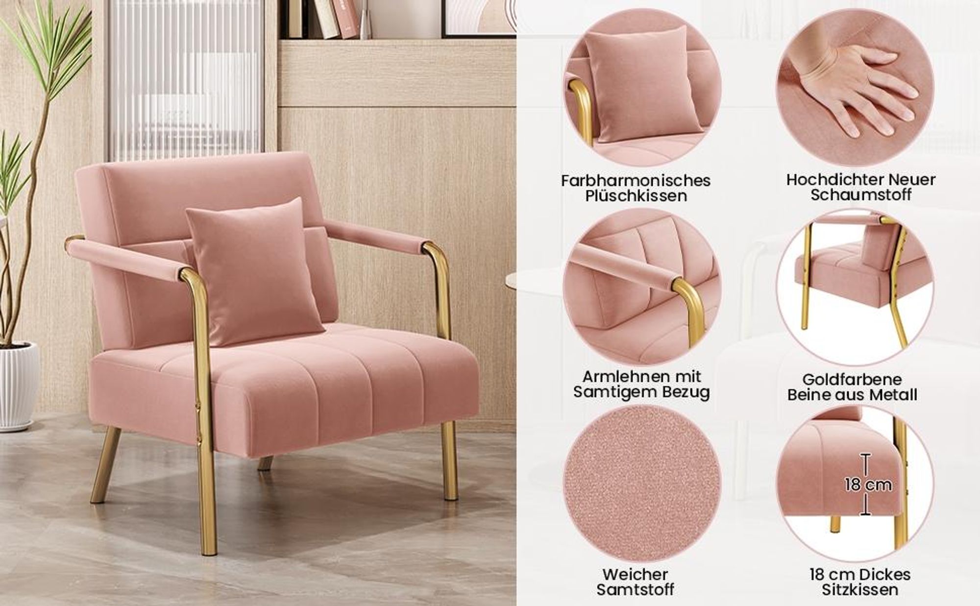 Yaheetech Samtiger Sessel Polstersessel, mit Metallbeinen & Lendenkissen, Einzelsessel Loungesessel, Rosa