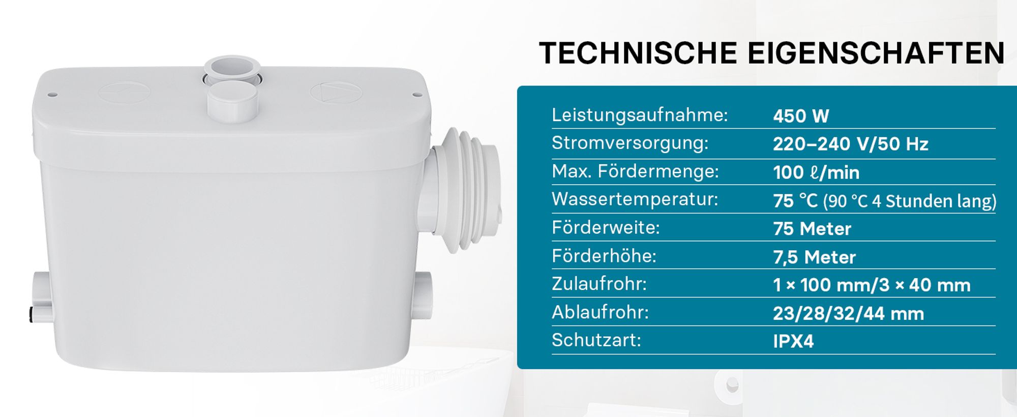 XPOtool 3/1 Kleinhebeanlage mit seitlichem Anschluss, Hebeanlage 450 W mit Häcksler, Abwasserhebeanlage bis 7,5 m, Fäkalienhebeanlage für WC und Dusche