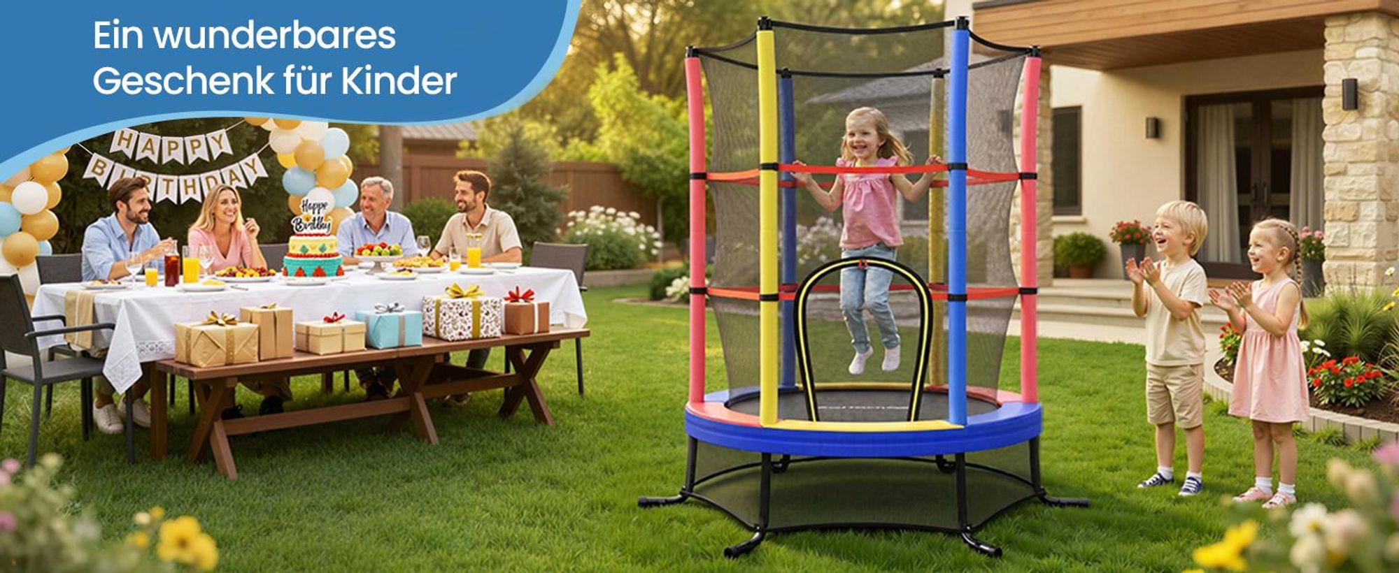 SONGMICS Trampolin Kinder, 174 cm Gartentrampolin mit Sicherheitsnetz, Mini-Trampolin für innen und außen, Stahlrahmen, bunt
