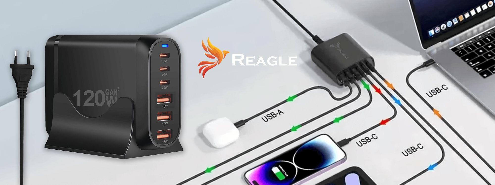 120W GaN Ladestation 6 Ports USB C PD 65W USB A QC 3.0 Schnellladegerät für MacBook Pro Laptop Smartphone Tablet PC Netzteil mit Ladestation Schwarz