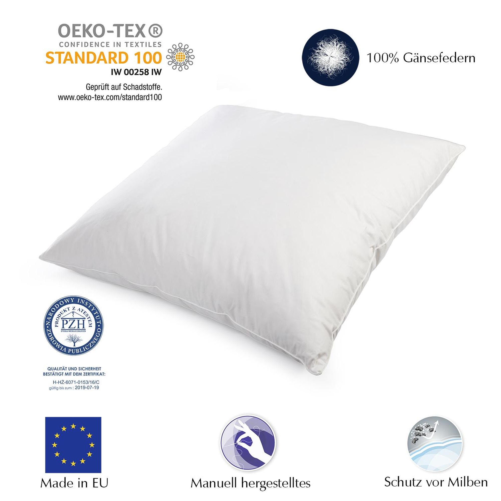Federkissen 80x80 cm 1500 Gramm – Kopfkissen mit 100% Gänsefedern – Baumwollbezug 185 g/m² – Ganzjahreskissen