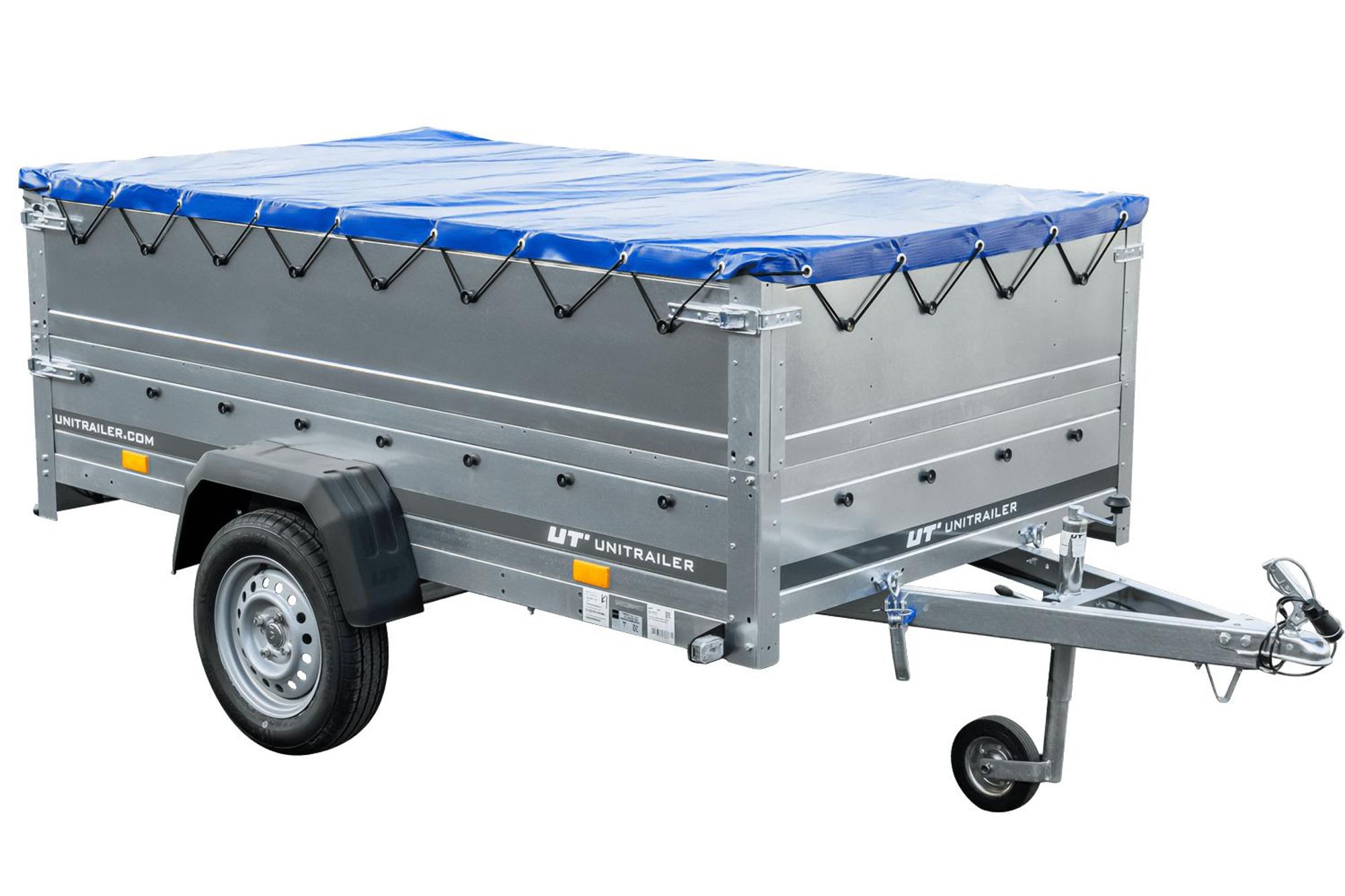 Anhänger mit faltbarer Deichsel GARDEN TRAILER 230 KIPP mit zusätzlichen Bordwänden, Stützrad und blauer Flachplane