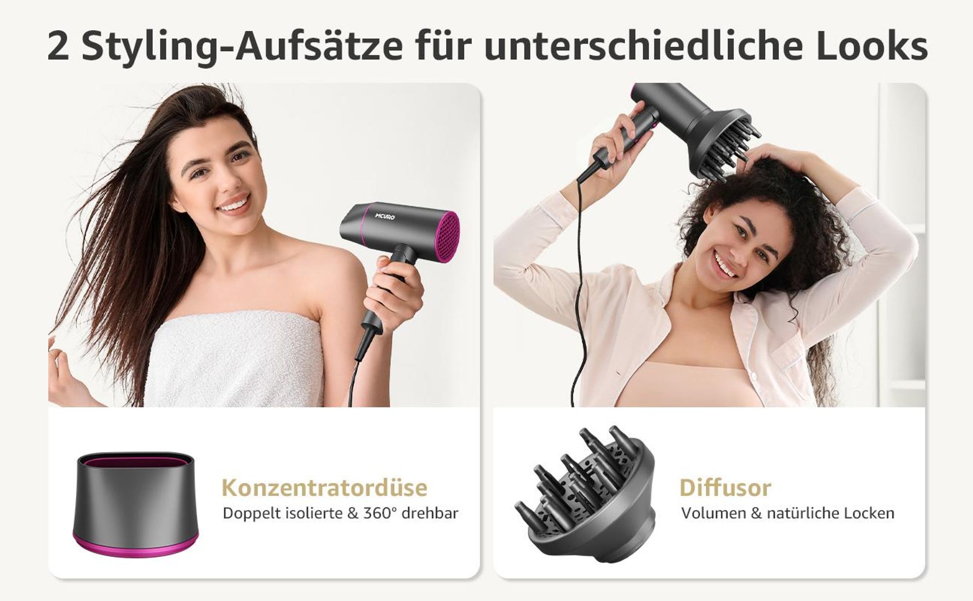 MCURO Haartrockner Ionen 2100W, Profi Föhn mit Heiß-/Kaltlufttaste, 2 Heizstufen & 3 Geschwindigkeiten, Faltbarer Reisehaartrockner, Schnelltrocknend, Grau
