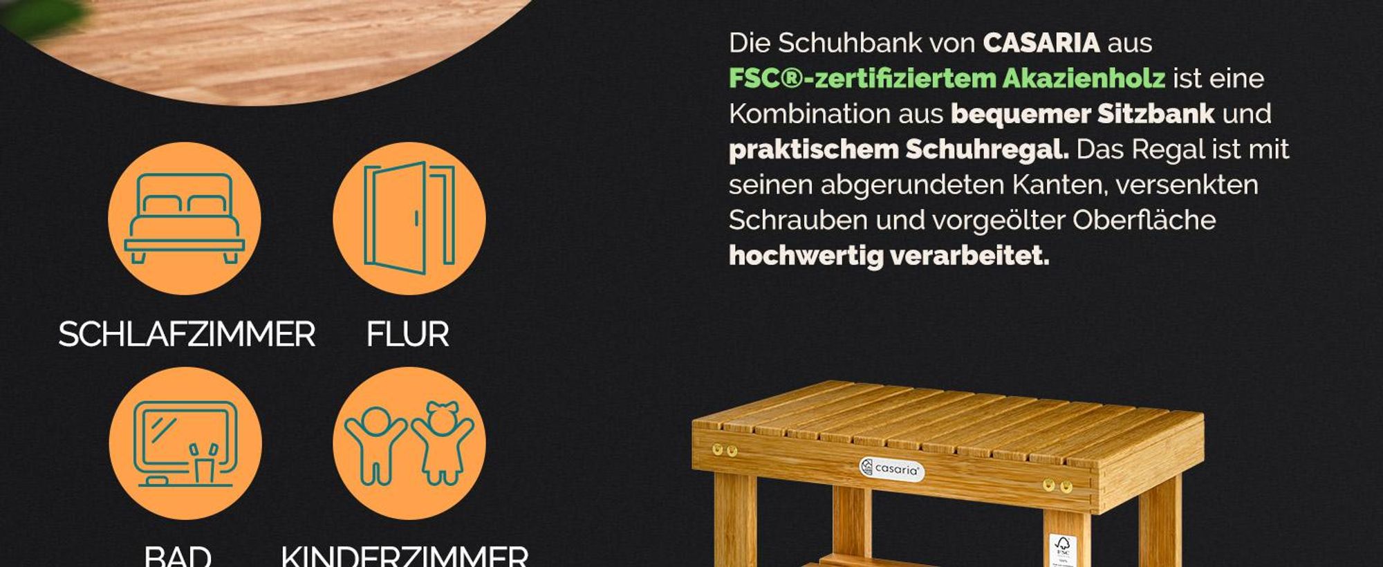 CASARIA® Schuhregal mit Sitzfläche Holz Massiv 160kg Belastbarkeit FSC®-Zertifiziert Akazie 3 Ebenen Flur Bad Schuhbank Sitzbank Schuhschrank Braun