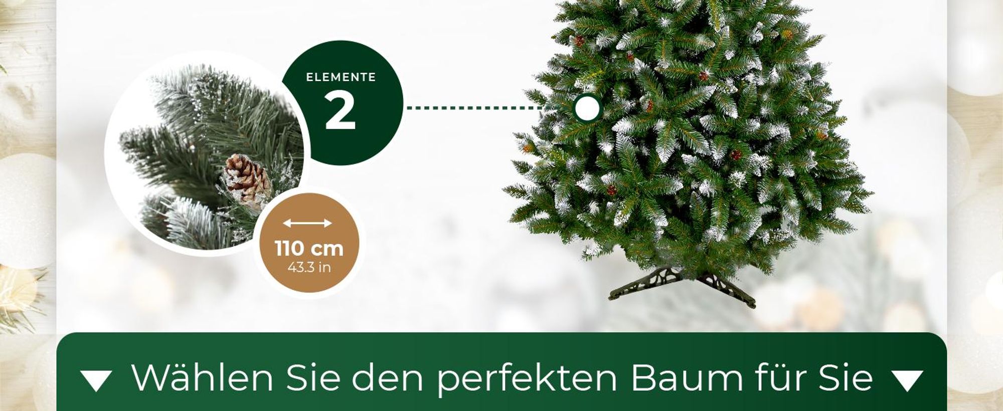 KADAX künstlicher Weihnachtsbaum 180 cm mit Raureif und Zapfen, grün Tannenbaum mit 391 Zweigen
