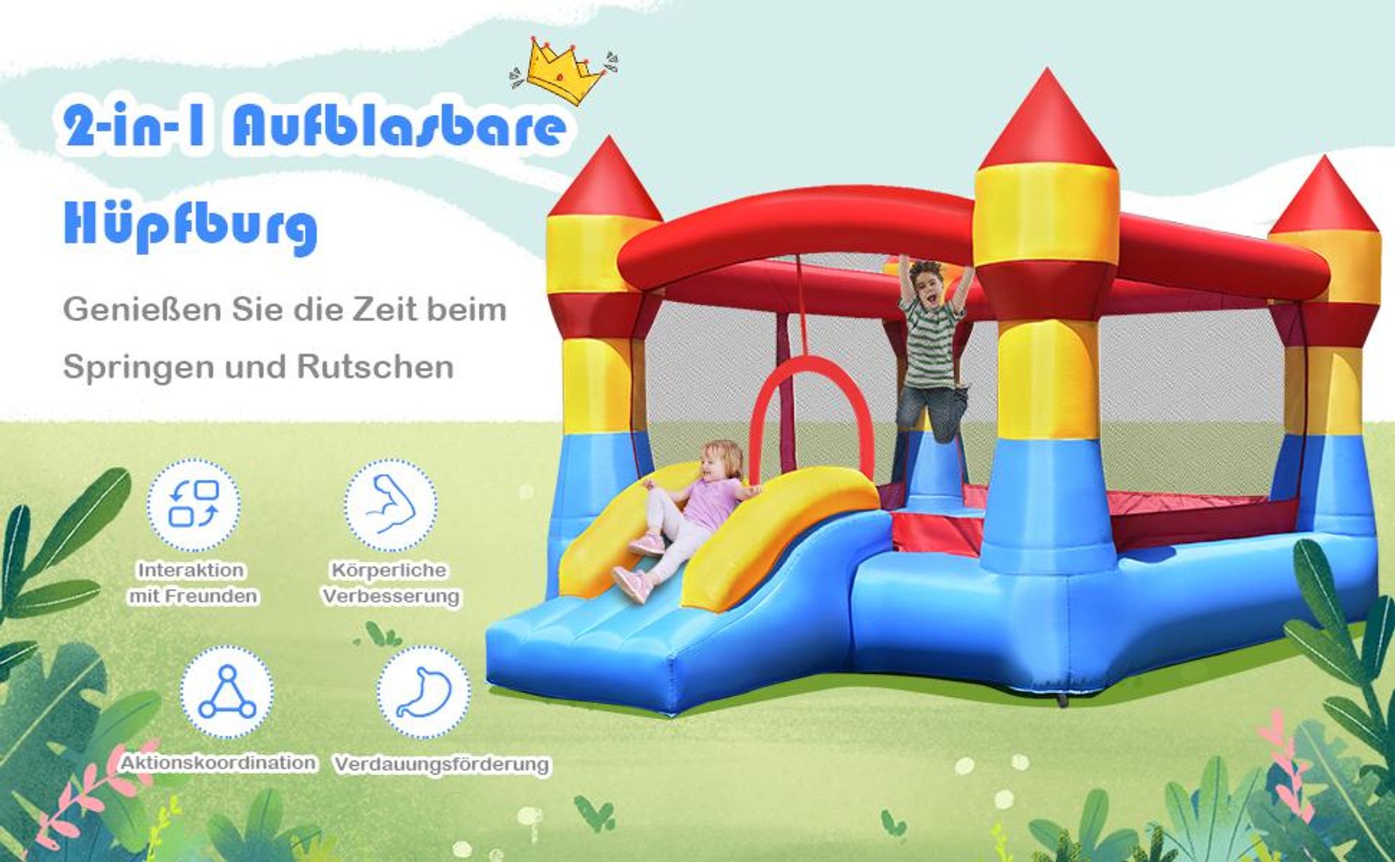 COSTWAY Hüpfburg mit Rutsche & großem Sprungbereich, Kinder Springburg für Indoor & Outdoor, inkl. Tragetasche, Reparaturset, 380 x 280 x 221 cm