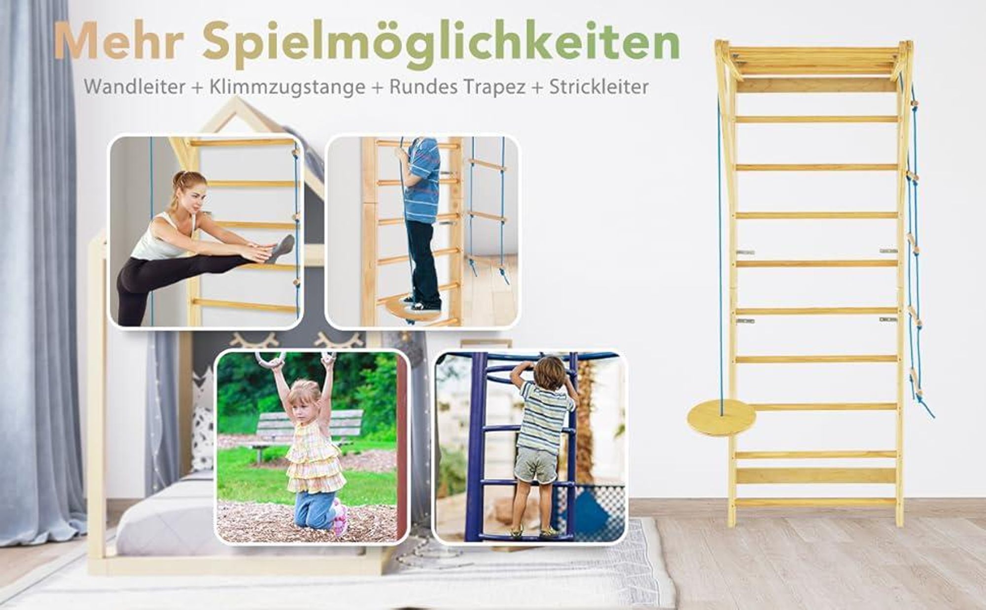 COSTWAY Sprossenwand, Kletterwand aus Holz, Klettergerüst Indoor, Turnwand Outdoor Turnwand, Gym Sportgerät, Tragfähigkeit von 100 kg