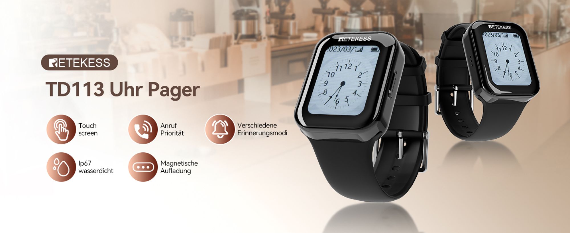 Retekess TD113-TD033 Personal Pager System, drahtloses Rufsystem, Uhr Pager Anzeige, IPX67 wasserdicht, Lange Standby-Zeit, für Restaurant, Kellnerin