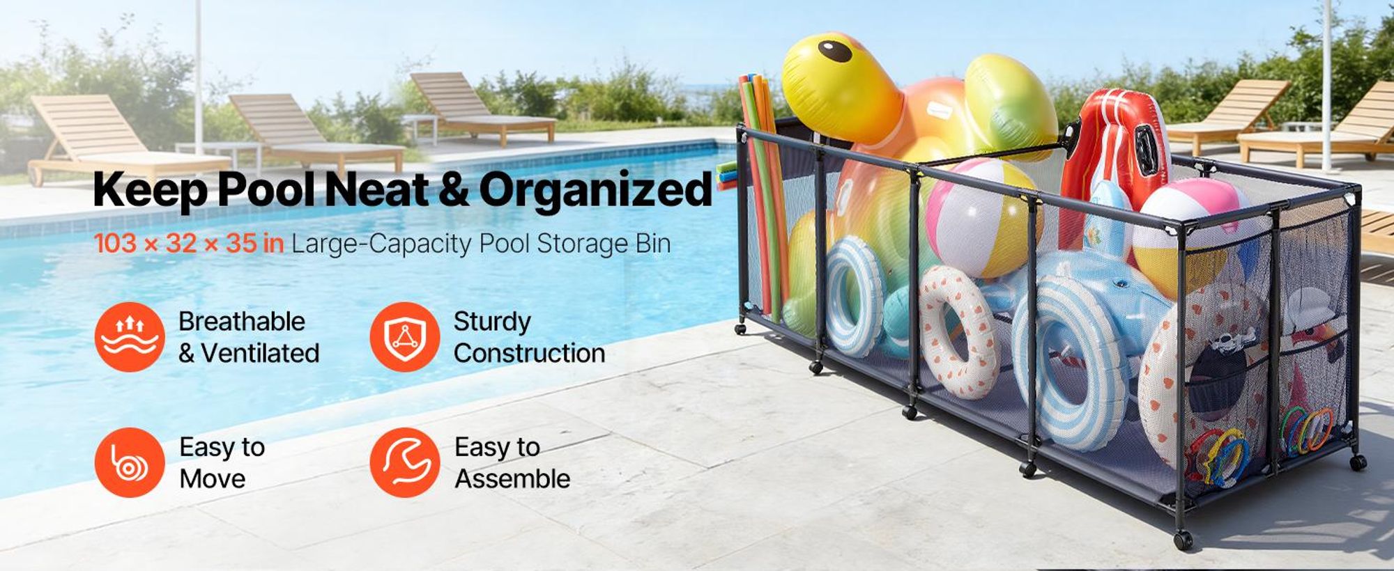 VEVOR Pool Aufbewahrungsbehälter 2620x815x890 mm, Organizer mit Seitentaschen, Metallrahmen, Netzkorb, Aufbewahrungsbox, Organisationskorb, Aufbewahrungskorb, Aufbewahrungswagen für Poolspielzeug