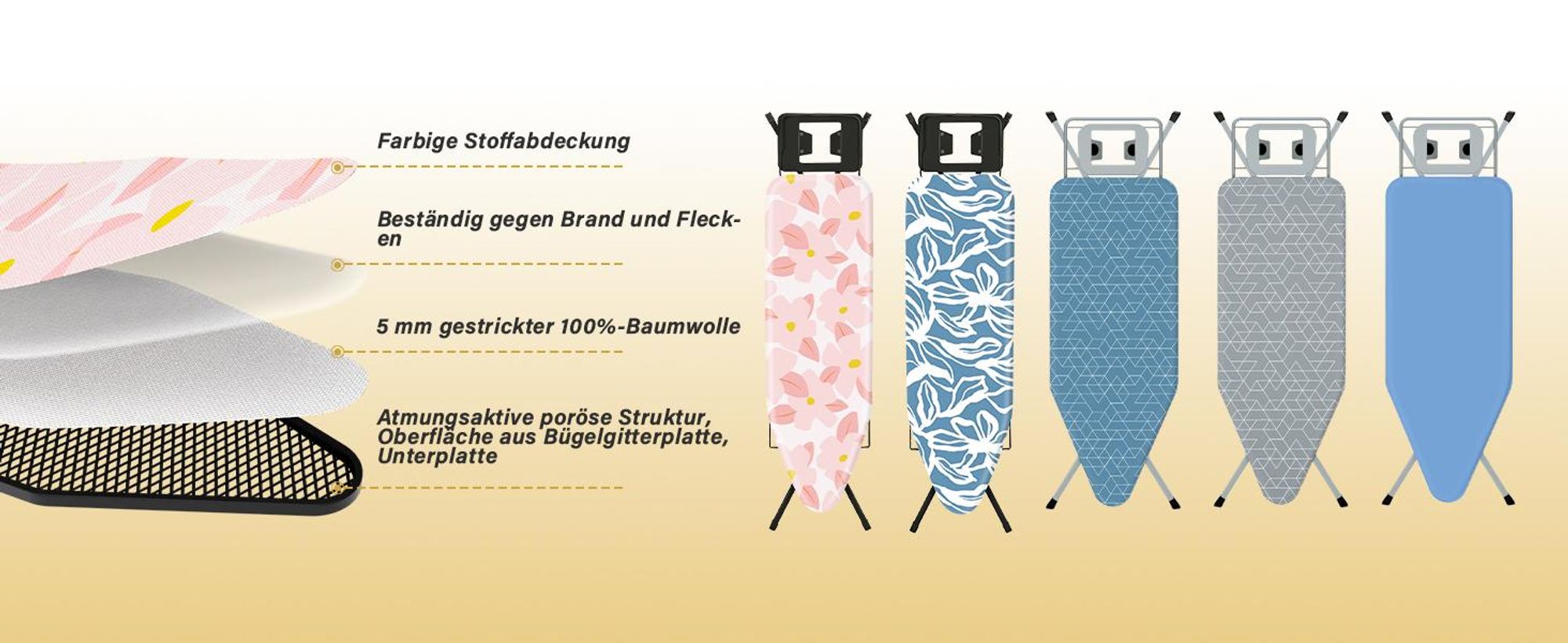 STANEW Bügelbrett 122 x 38 cm,Klappbares Bügelbretter Bügeltisch für Dampfbügeleisen,Sicherheitsschließsystem,höhenverstellbar