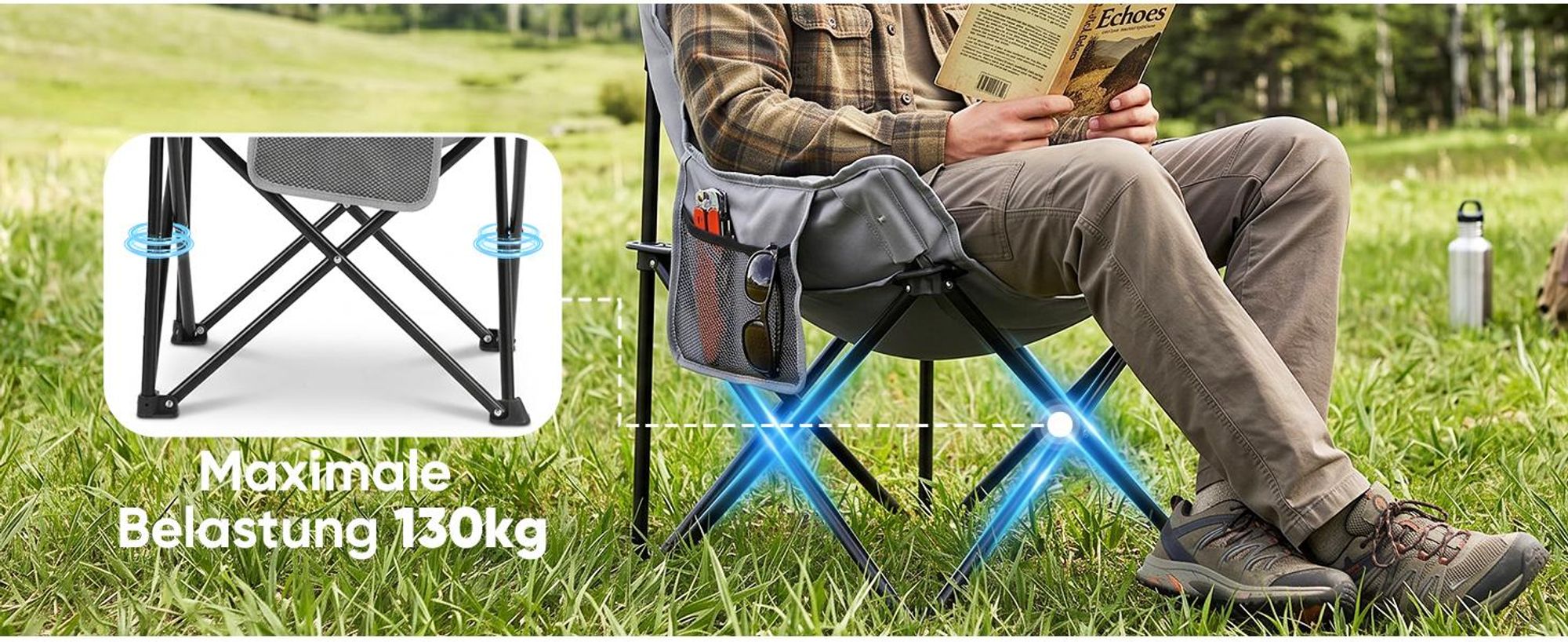 Sekey Campingstuhl Gepolstert Klappstuhl Camping Faltstuhl Angelstuhl bis 130 kg, Grau