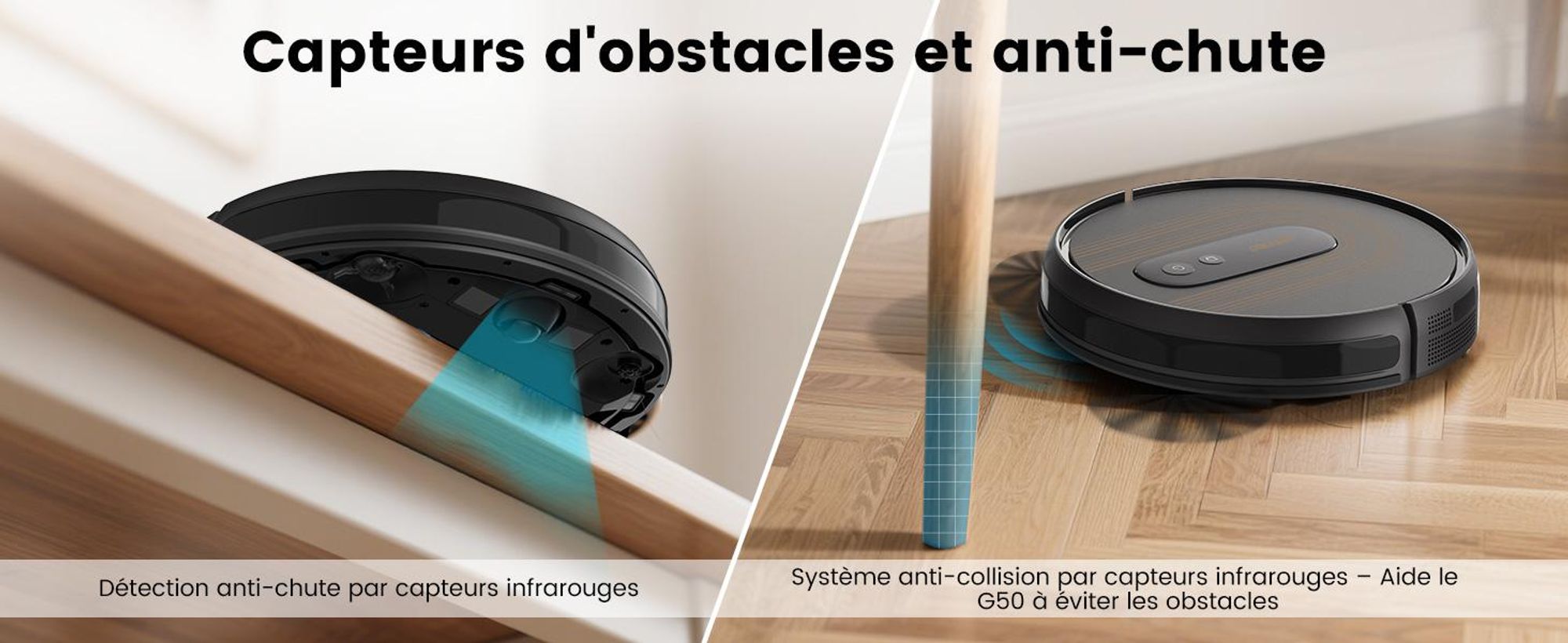 Robot aspirateur AIRROBO G50, puissance d'aspiration de 4 000 Pa,via application, autonomie de 120 minutes, grand bac à poussière de 600 ml, robot aspirateur optimisé pour les tapis et les poils d'animaux