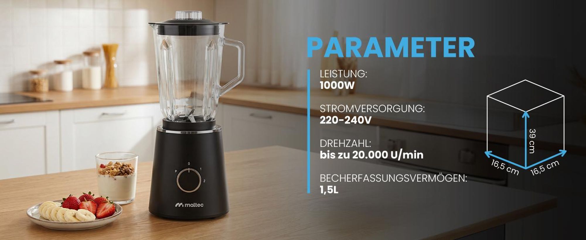 MalTec Standmixer Glas 1,5 L mit 500 ml To-Go-Flasche 1000W 6 Edelstahlklingen, 2 Geschwindigkeiten und Pulsfunktion, rutschfeste Füße  für Smoothies Suppen