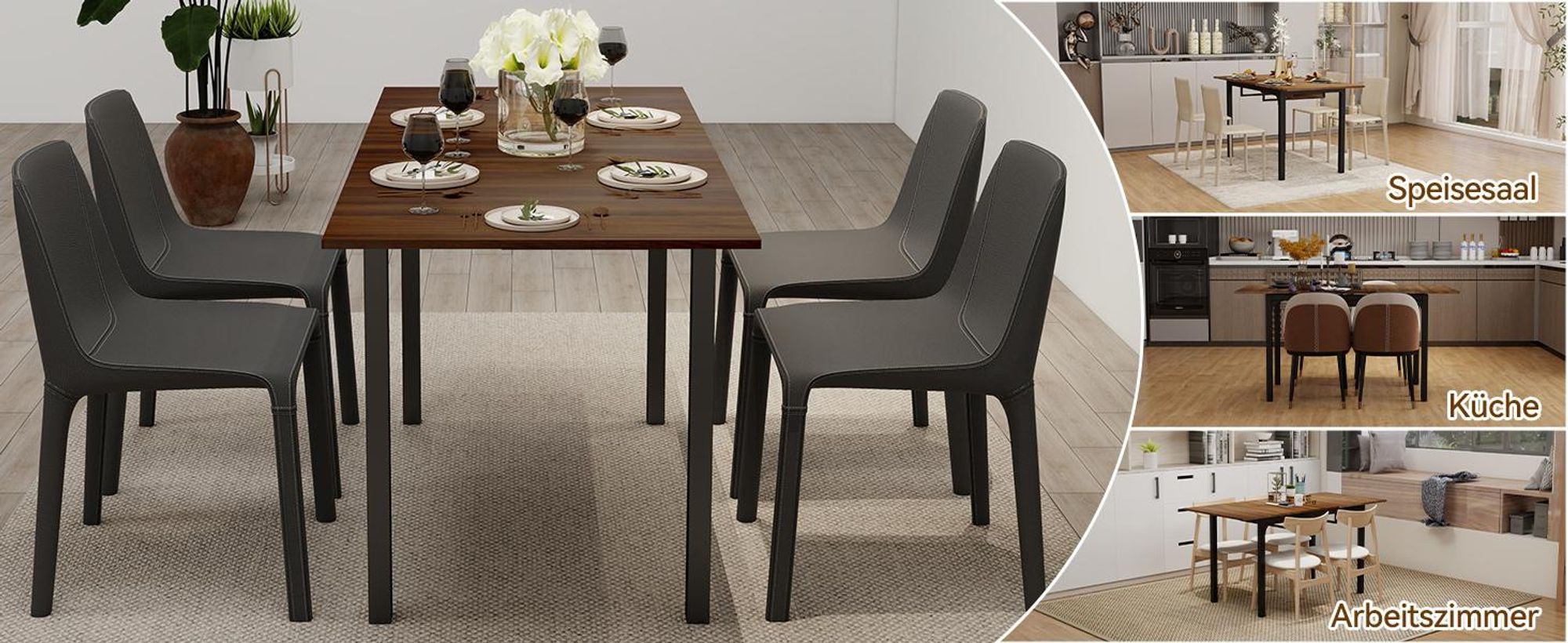 Puluomis Ausziehbarer Esstisch 110-149 cm verstellbar, mit Stauraum MDF Platte, inklusive verstellbaren Füßen für 4-8 Personen schwarz braun