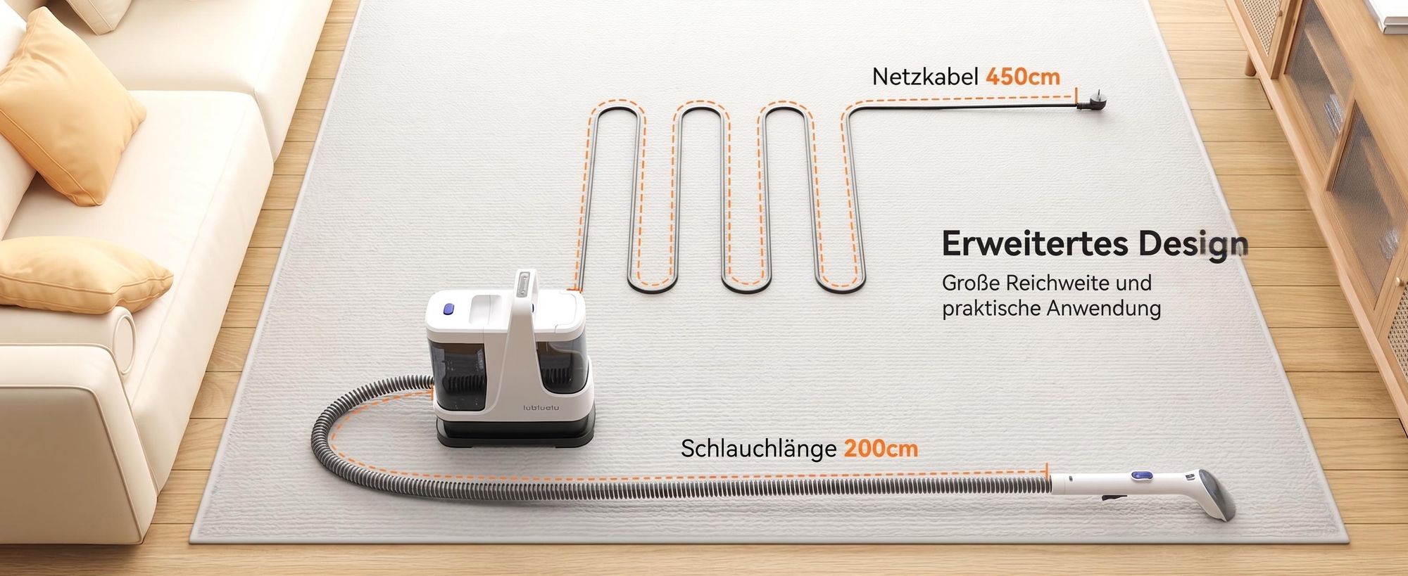 Lubluelu V9 Polsterreinigungsgerät Waschsauger mit Dampffunktion, 60 °C Warmwasser, 16500Pa, 1250W Nasssauger für Sofa Auto Teppiche Selbstreinigung