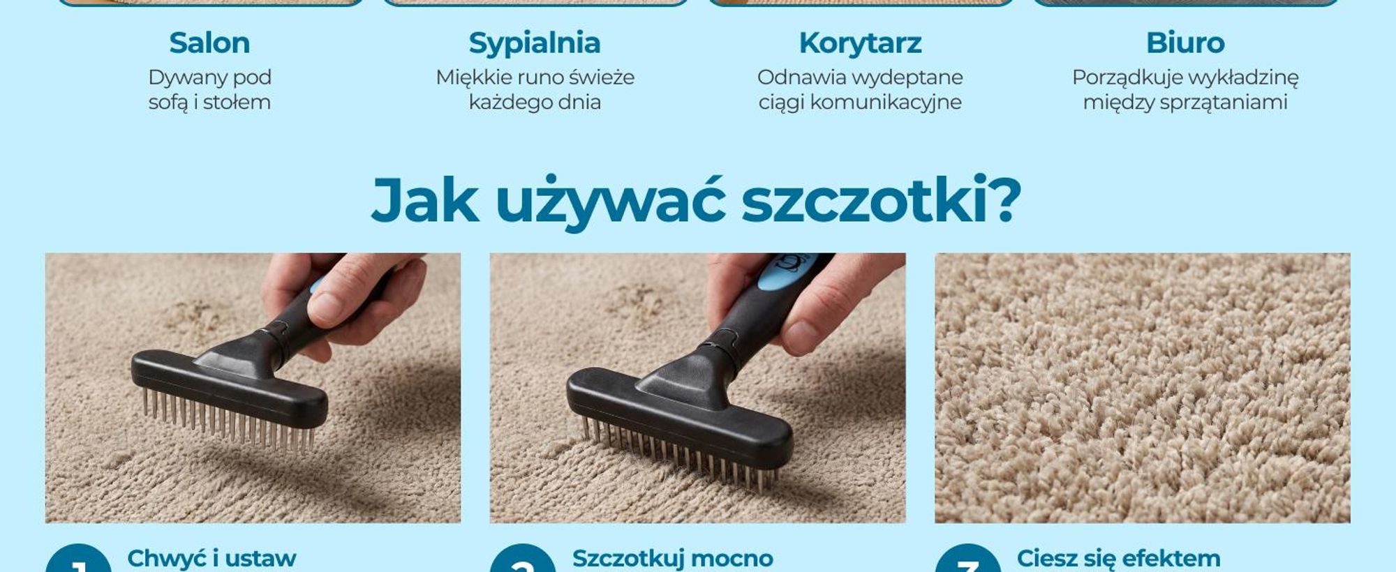 Szczotka do dywanów Glissimo do rozczesywania włókien odpowiednia dla zwierząt domowych do naprawy spłaszczonych dywanów ergonomiczna konstrukcja