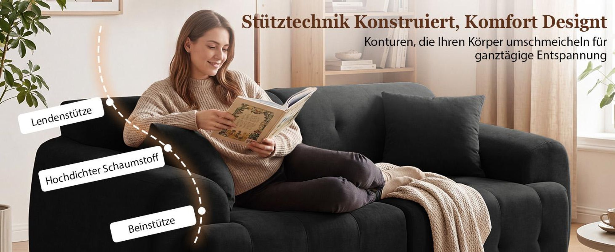 COMHOMA Sofa 2 Sitzer, 180 x 86 x 40 cm Bodensofa, Couch mit Rückenlehne, Kissen und Armlehne, Modernes Stoffsofa für Wohnzimmer, Wohnung, Büro schwar