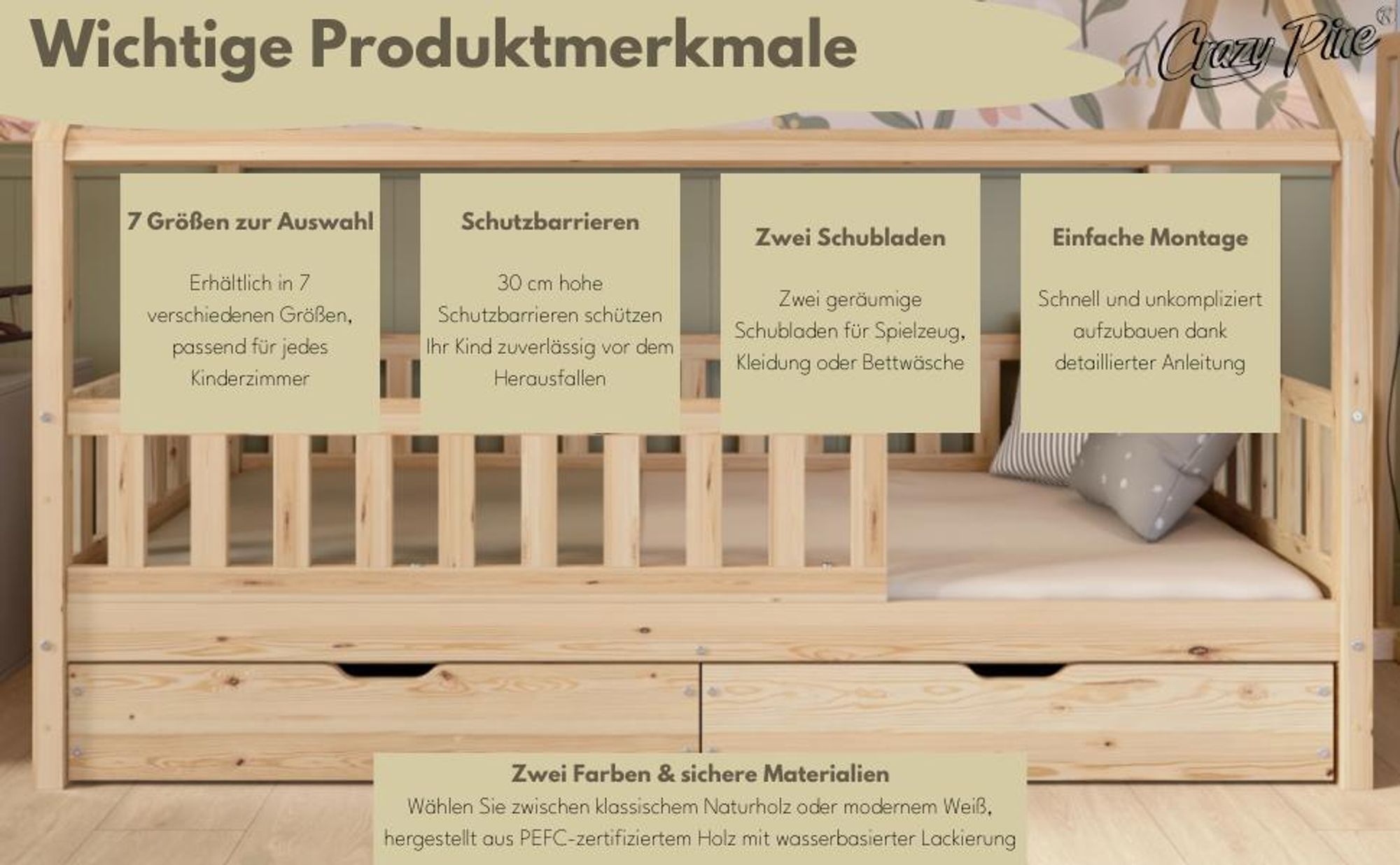 Crazy Pine Hausbett mit Schubladen 90x190 cm – Kinderbett aus Naturholz in Weiß – Montessori Bodenbett mit zusätzlichen Stauraum - Crazy Blanco