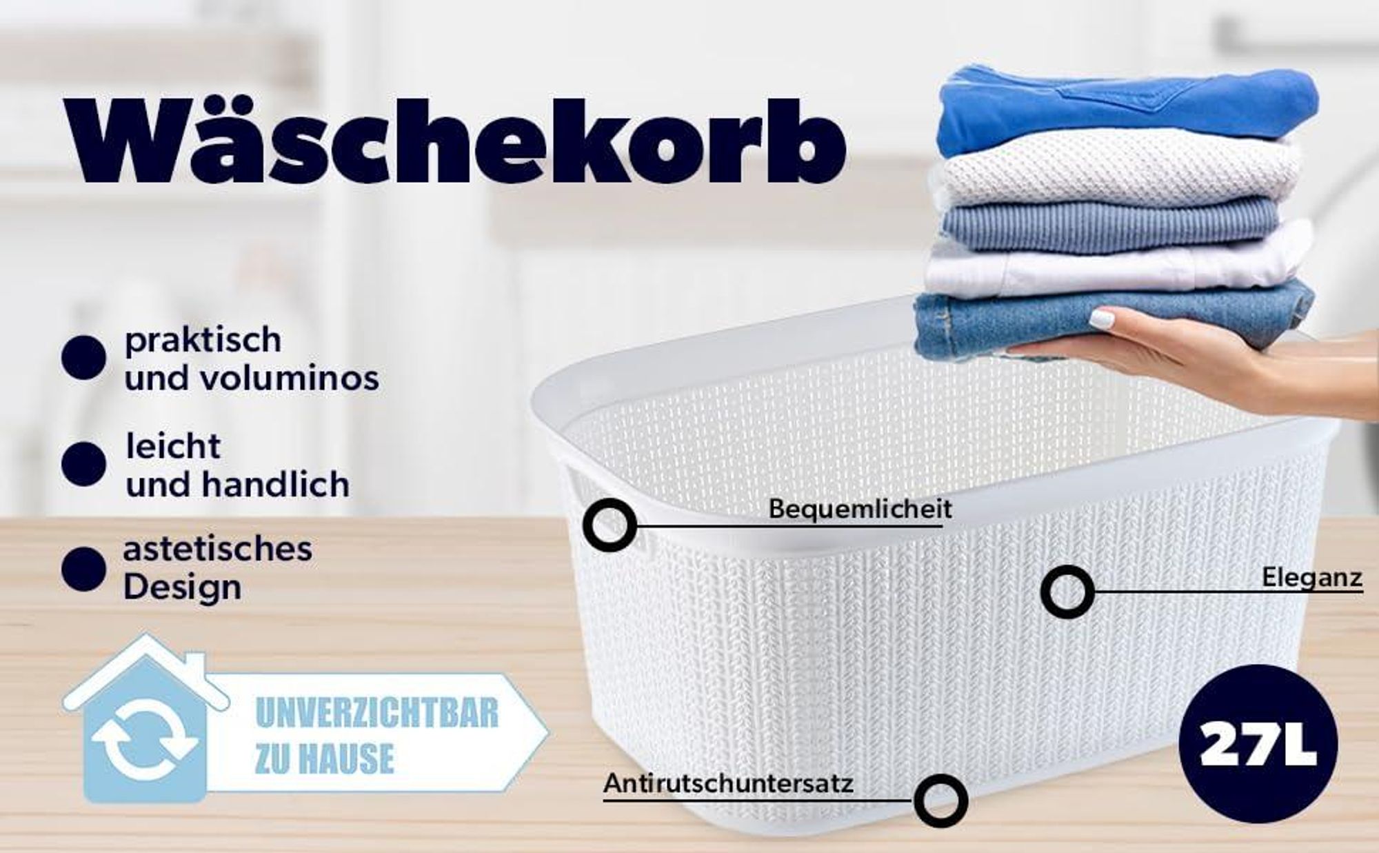 KADAX Wäschekorb "Finse", multifunktionaler Korb, 27L, Weiß