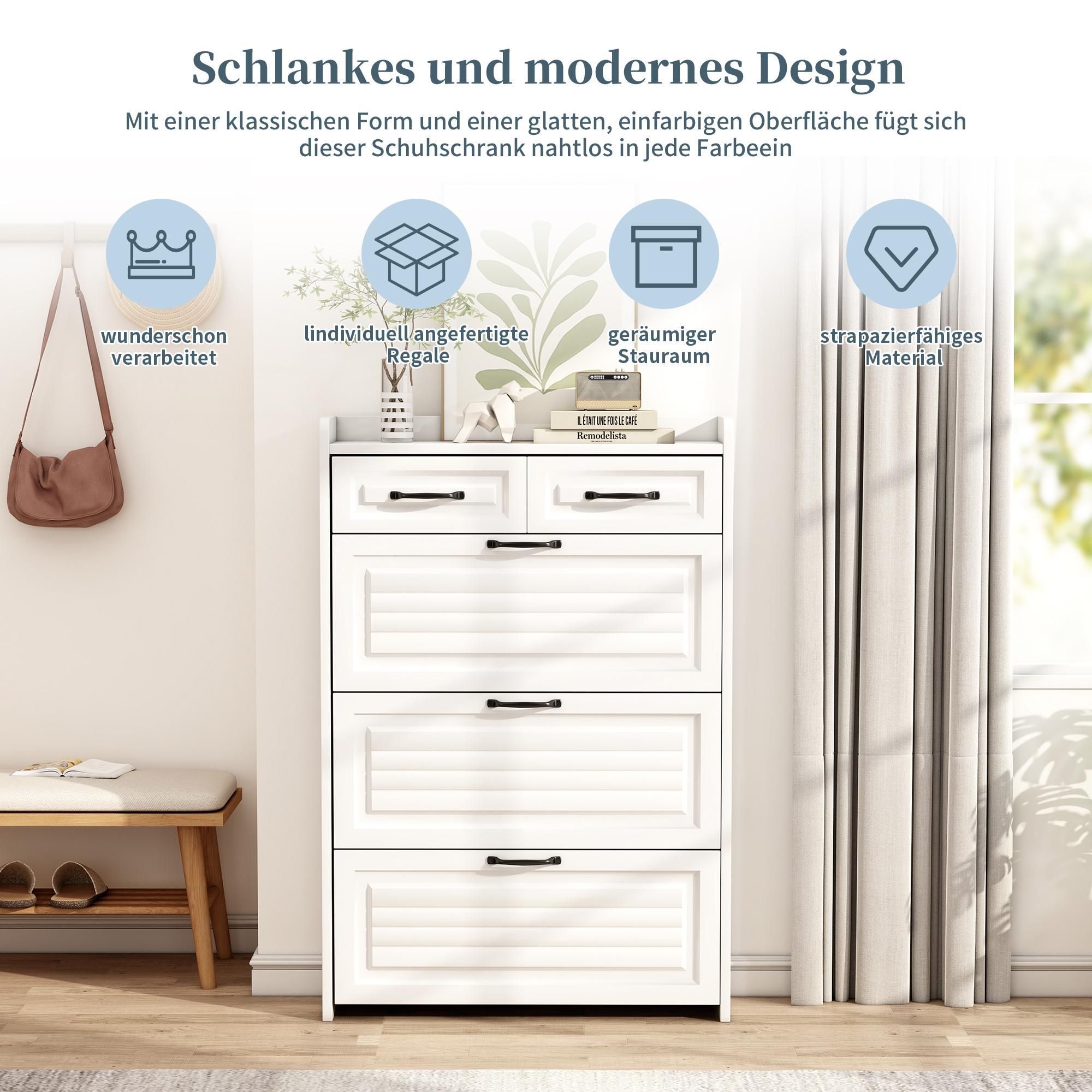 Merax Schuhschrank mit 3 Klappen, 2 Schubladen, Schuhkipper Schuhkommode mit schubladen, Schuhschrank, Schuhablage, Schuhregal, 80×23.5×131 cm, Weiß