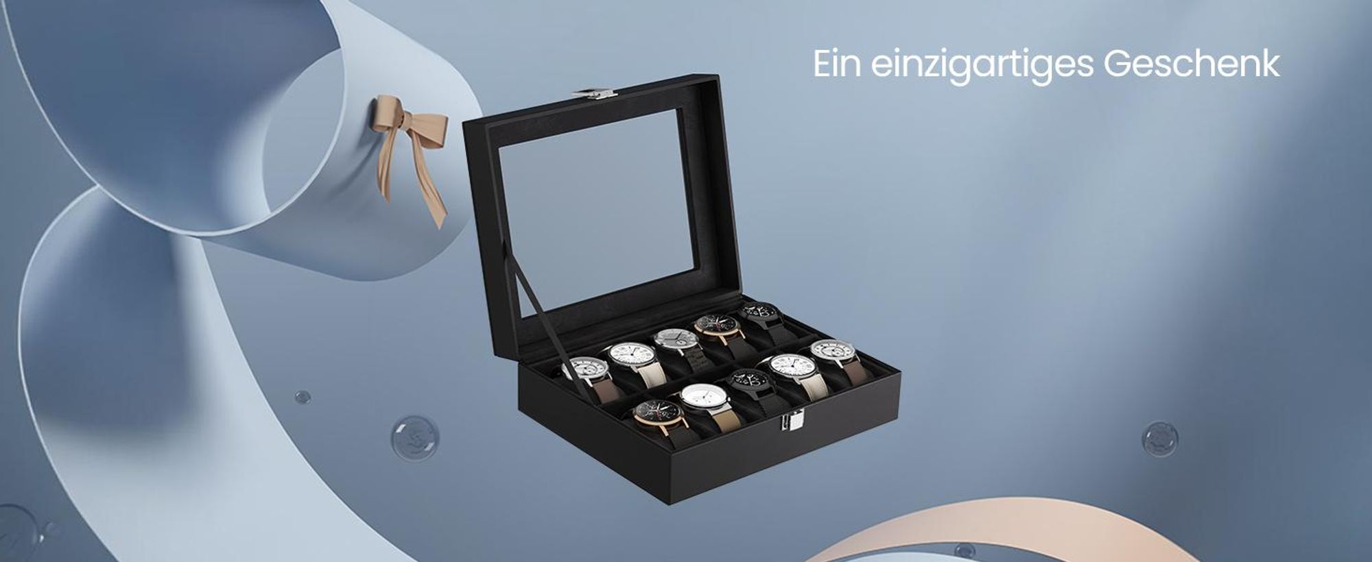 Uhrenbox mit 10 Fächern, Uhrenkasten, Glasdeckel, herausnehmbare Uhrenkissen