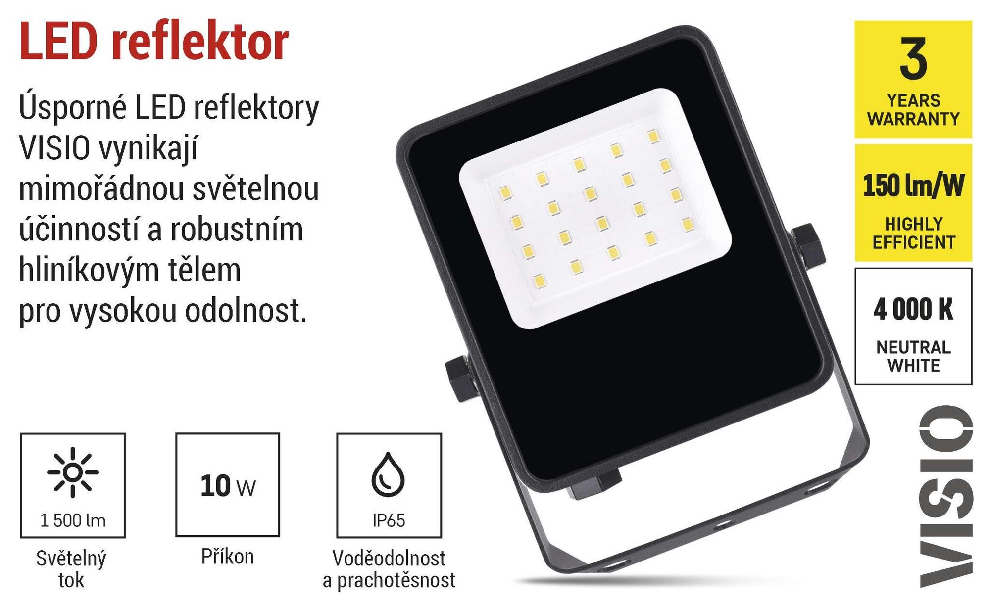 EMOS tenký hliníkový LED reflektor VISIO 10 W, 1500 lm, vodotěsný, neutrální bílá, vysoký světelný výkon 150 lm/W, pro venkovní použití, ZS2513