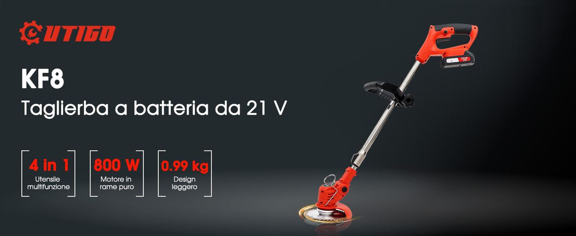 OUTIGO Decespugliatore a Batteria, Tagliaerba Elettrico a Batteria da 800 W, Taglia Erba da Giardino Elettrico con 4 Tipi di Lame,tosaerba telescopico