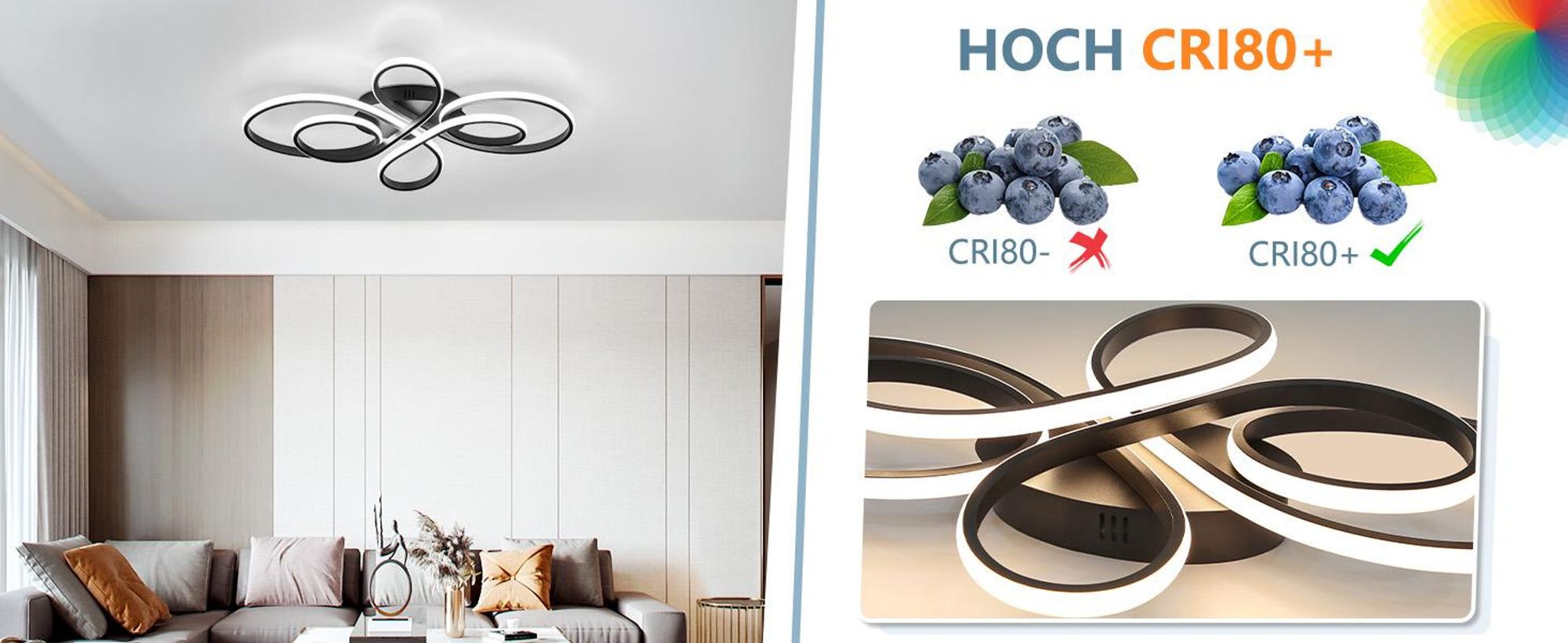 ZMH LED Deckenleuchte Schwarz Deckenlampe Dimmbar mit Fernbedienung 65W 66CM Moderne Kreative Lampe für Wohnzimmer Schlafzimmer Esszimmer Büro Küche
