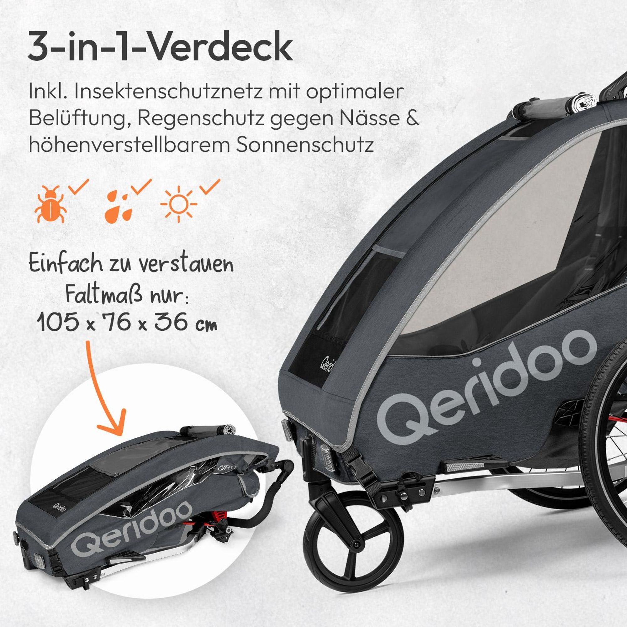 Qeridoo QUPA 2 - Kinderfahrradanhänger für 2 Kinder, Farbe: Grey