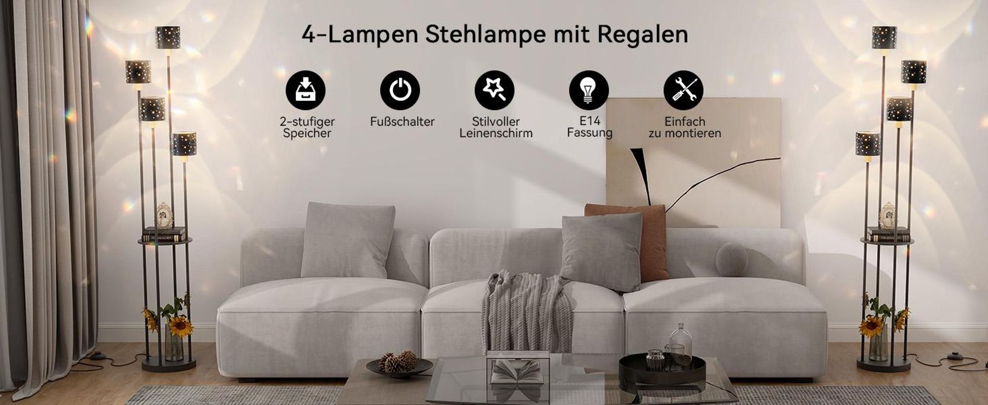 Puluomis Stehlampe 4 flammige Stehleuchte Standleuchte Bodenlampe, mit Fußschalter, E14 Fassung für Schlafzimmer Wohnzimmer Regal 160cm Schwarz