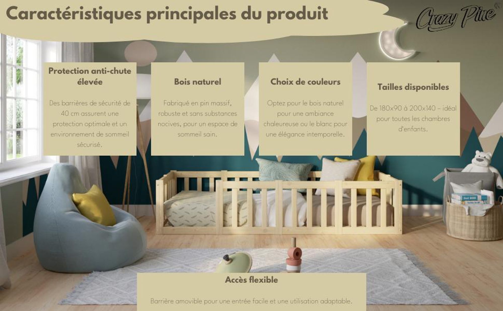 Crazy Pine Lit d'enfant 140x200 cm - Blanc - Lit au sol Montessori avec protection antichute 40cm et barrière ouvrable - Crazy Johnny