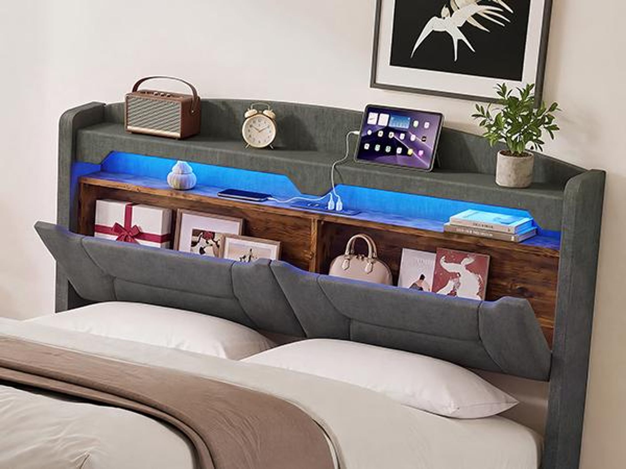 INONEFT Boxspringbett 140x200 mit LED und USB/Type-C , Polsterbett Doppelbett mit bettkasten , Hydraulischer Stauraumbett, Jugendbett, Leinen,Grau.
