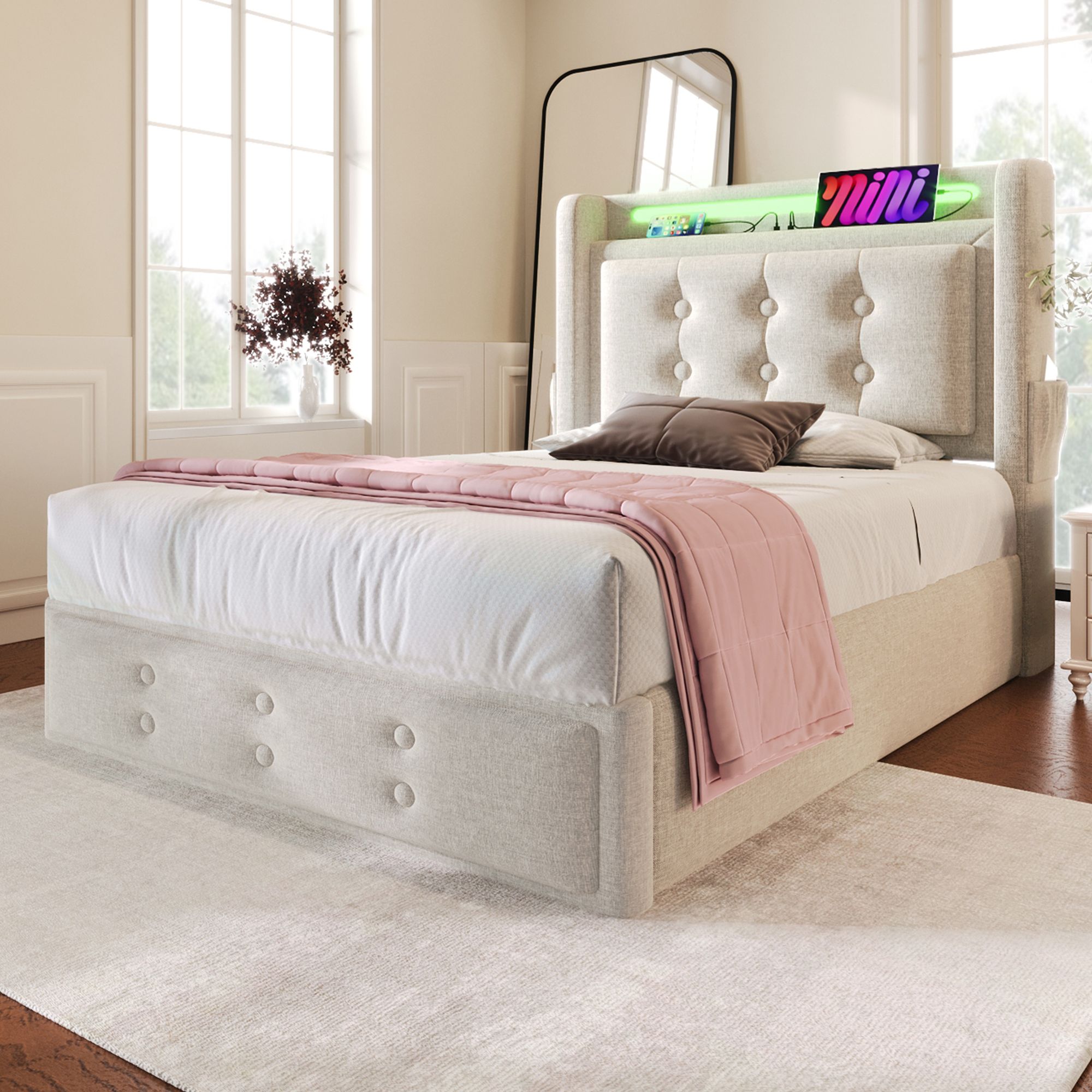 Flieks Polsterbett 90x200cm mit Ladefunktion, Einzelbett Jugendbett mit LED, Hydraulisches Stauraumbett Boxspringbett mit Lattenrost, Baumwolle, Beige