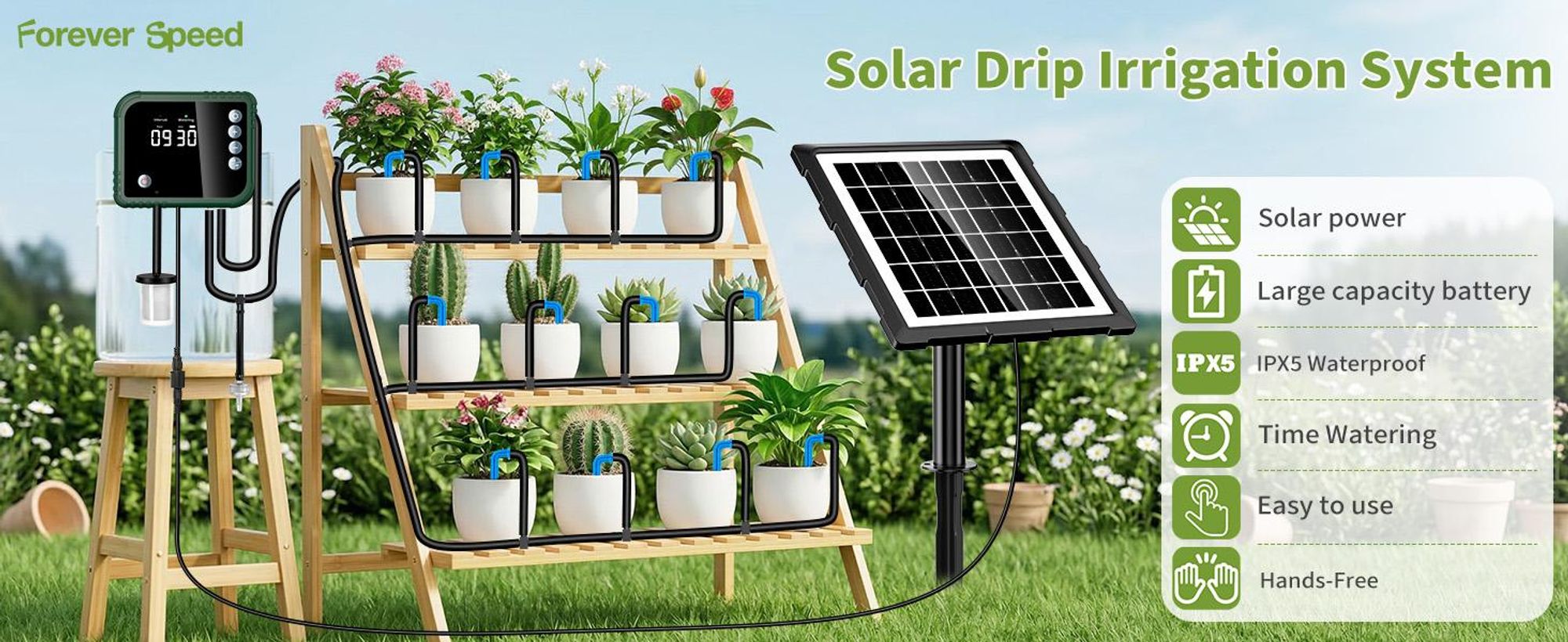 Speed Automatisches Solar-Tropfbewaesserungsset mit Steuergerät, Solar Bewässerungssystem fuer Garten, Balkon,mit Timer und 15 Tropfer -15m Schlauch