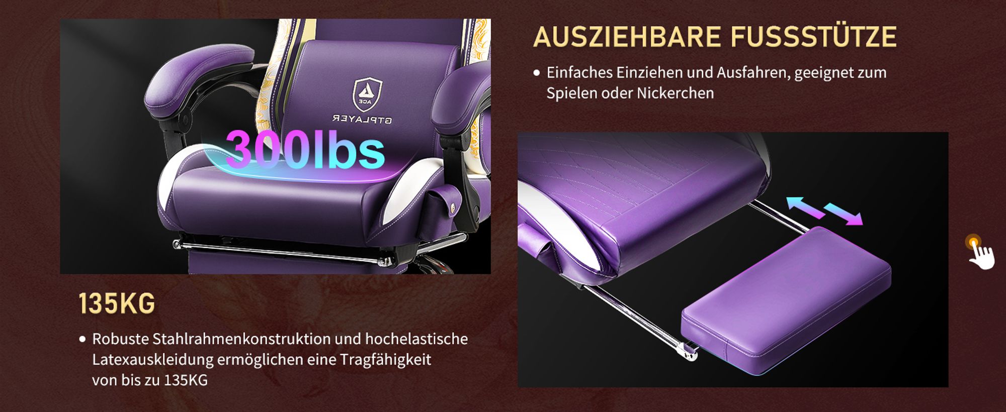 GTPLAYER Gaming Stuhl Gamer Stuhl mit Bluetooth-Lautsprechern und Fußstütze, Dragon Series Bürostuhl, Ergonomischer Drehsessel, Computerstuhl Violett